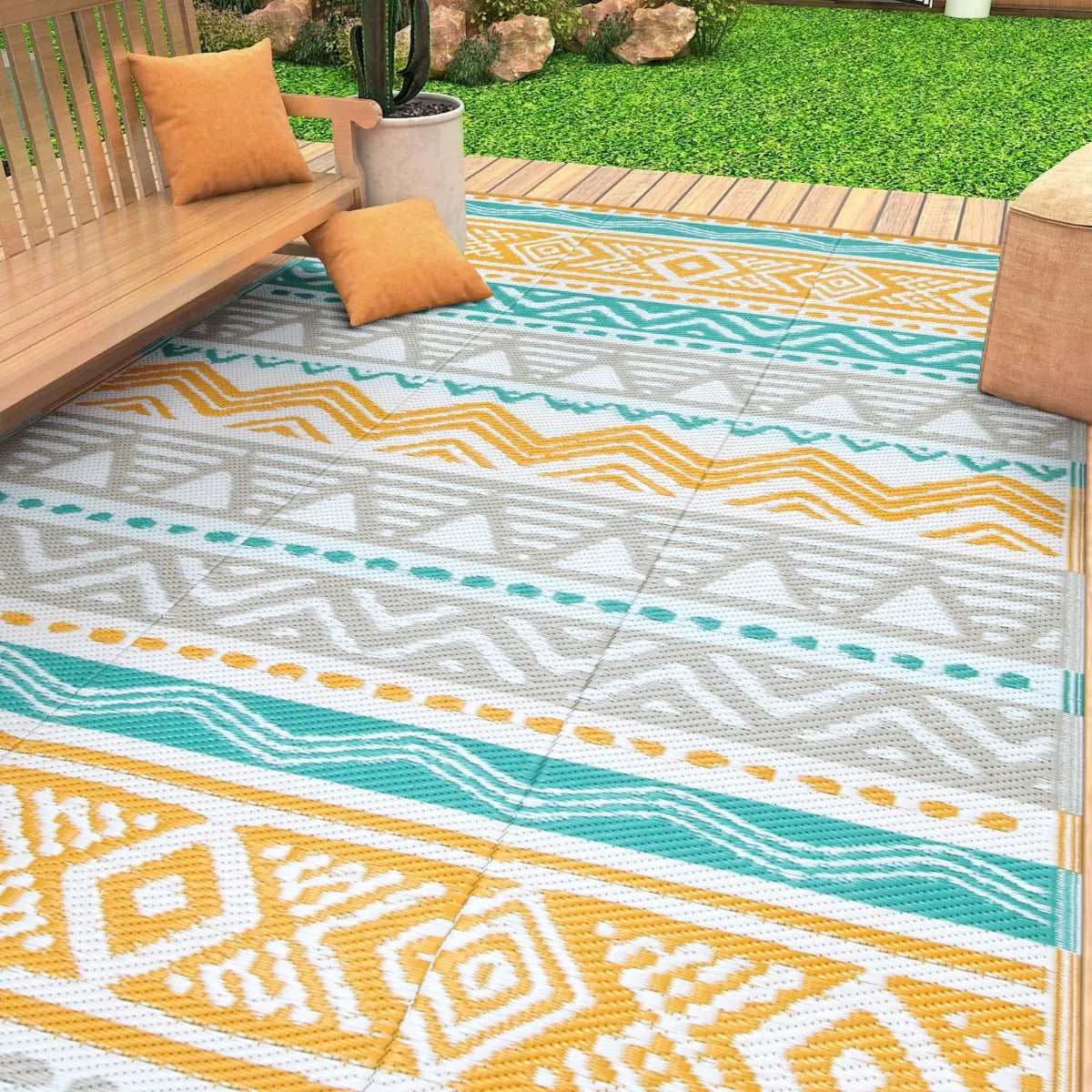 Amoret Waterproof Reversible Colorful Blue/Yellow Outdoor Rug