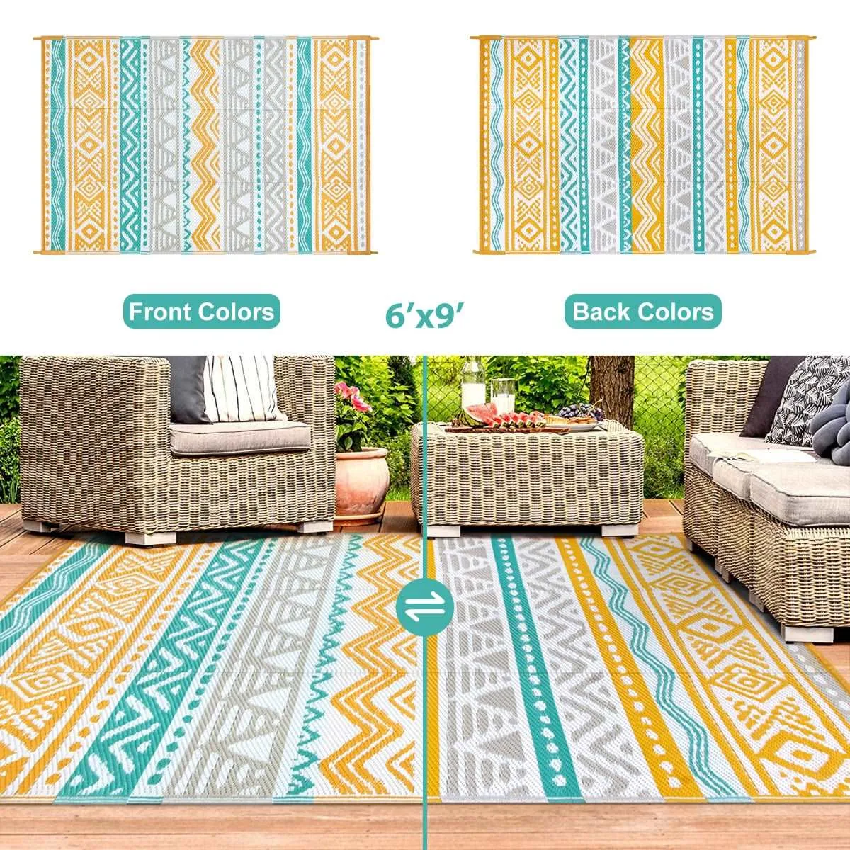 Amoret Waterproof Reversible Colorful Blue/Yellow Outdoor Rug