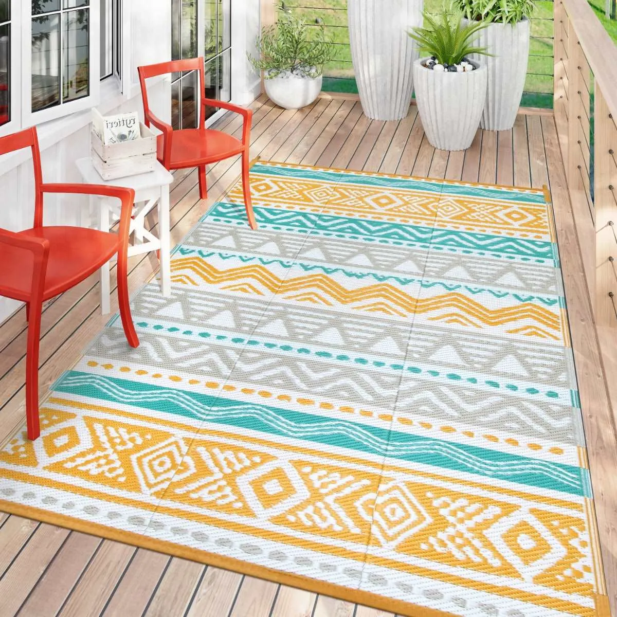 Amoret Waterproof Reversible Colorful Blue/Yellow Outdoor Rug