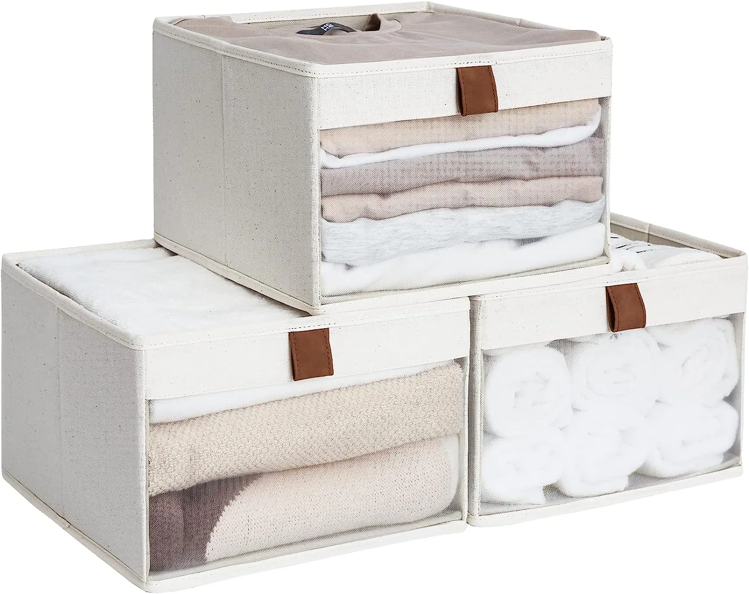 Closet Storage Bins with Clear Window and 2 Handles, Foldable Storage Baskets for Shelves