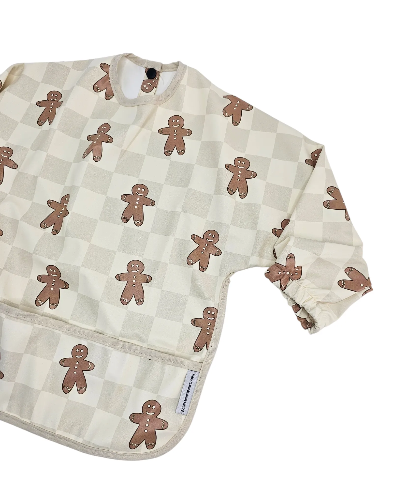 Gingham Gingerbread Man Christmas Print Waterproof Bib with Sleeves