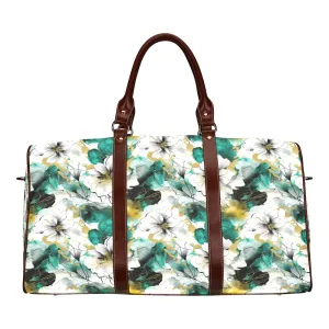 Green and White Ink Floral Waterproof Travel Bag/Small (Model 1639)