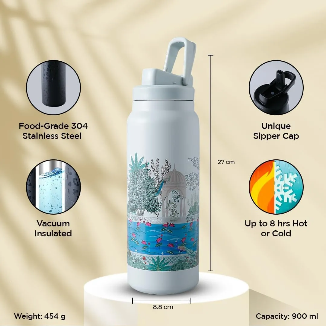 Heart Home Water Bottle | Vacuum Insulated Travel Bottle | Gym Water Bottle | Hot & Cold Water Bottle | Printed Bottle with Sipper Cap | DA230807 | 900 ML | Gray