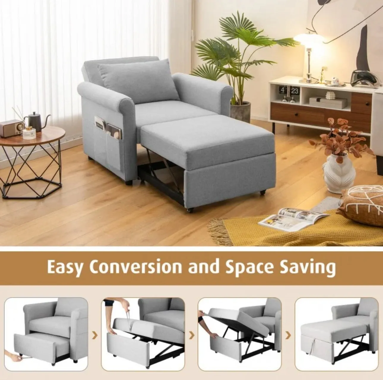 Heavy Duty Modern & Elegant 3-in-1 Pull-Out Convertible Adjustable Reclining Sofa Couch Bed | 6 Side Pockets | Smooth Wheels | High Quality Material