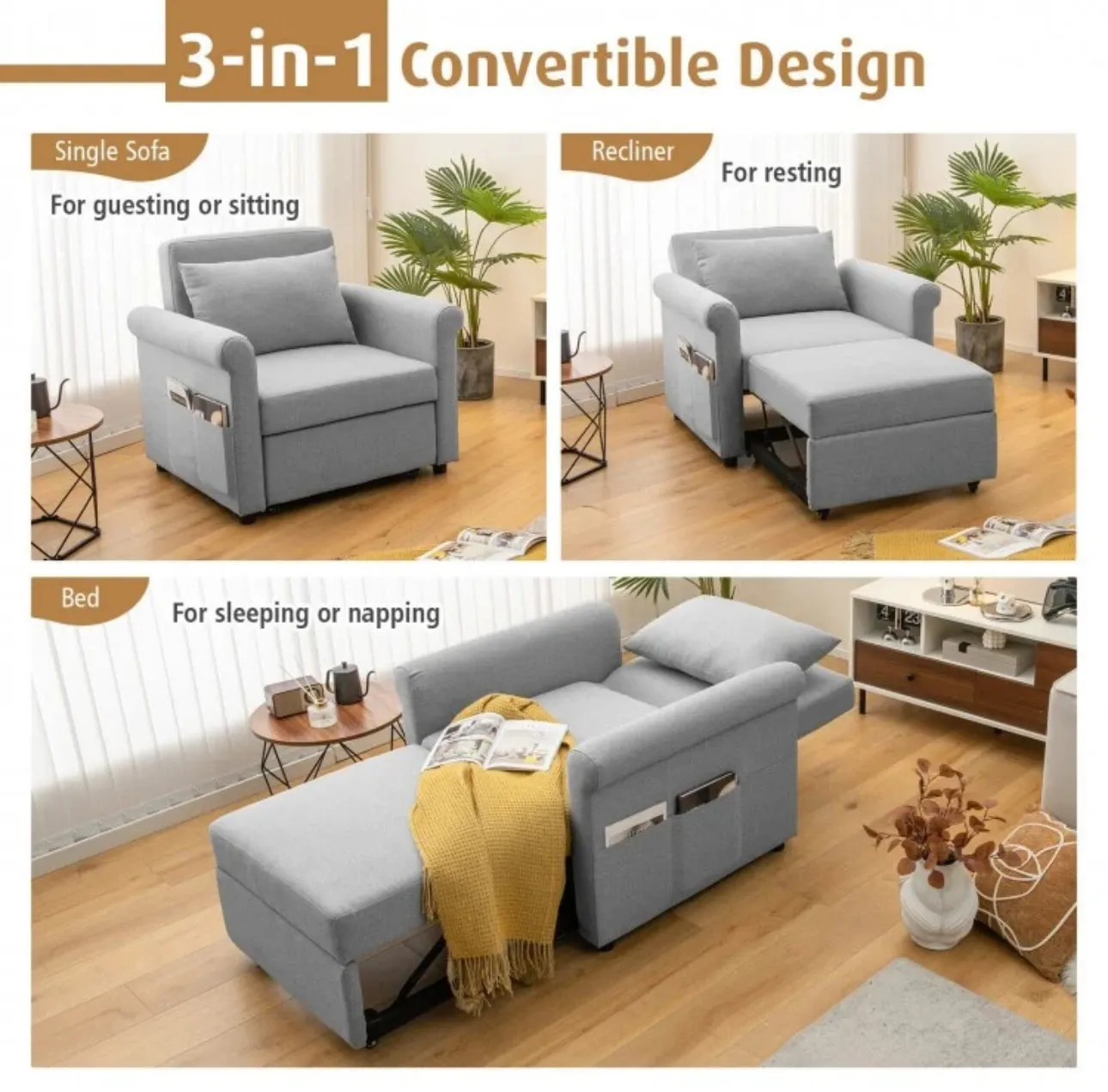 Heavy Duty Modern & Elegant 3-in-1 Pull-Out Convertible Adjustable Reclining Sofa Couch Bed | 6 Side Pockets | Smooth Wheels | High Quality Material