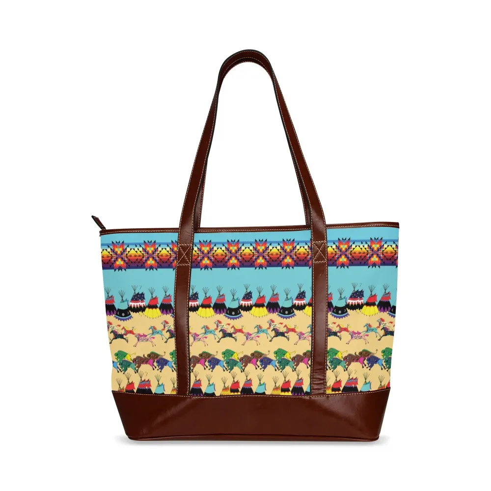 Horses and Buffalo Ledger Torquoise Tote Handbag