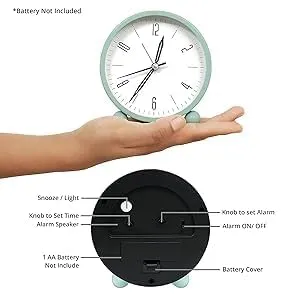 IDEA CHASERS 4" Inch Analog Alarm Clock, Super Silent Non Ticking Small Clock with Night Light, Battery Operated, Simply Design, for Bedroon, Bedside, Desk