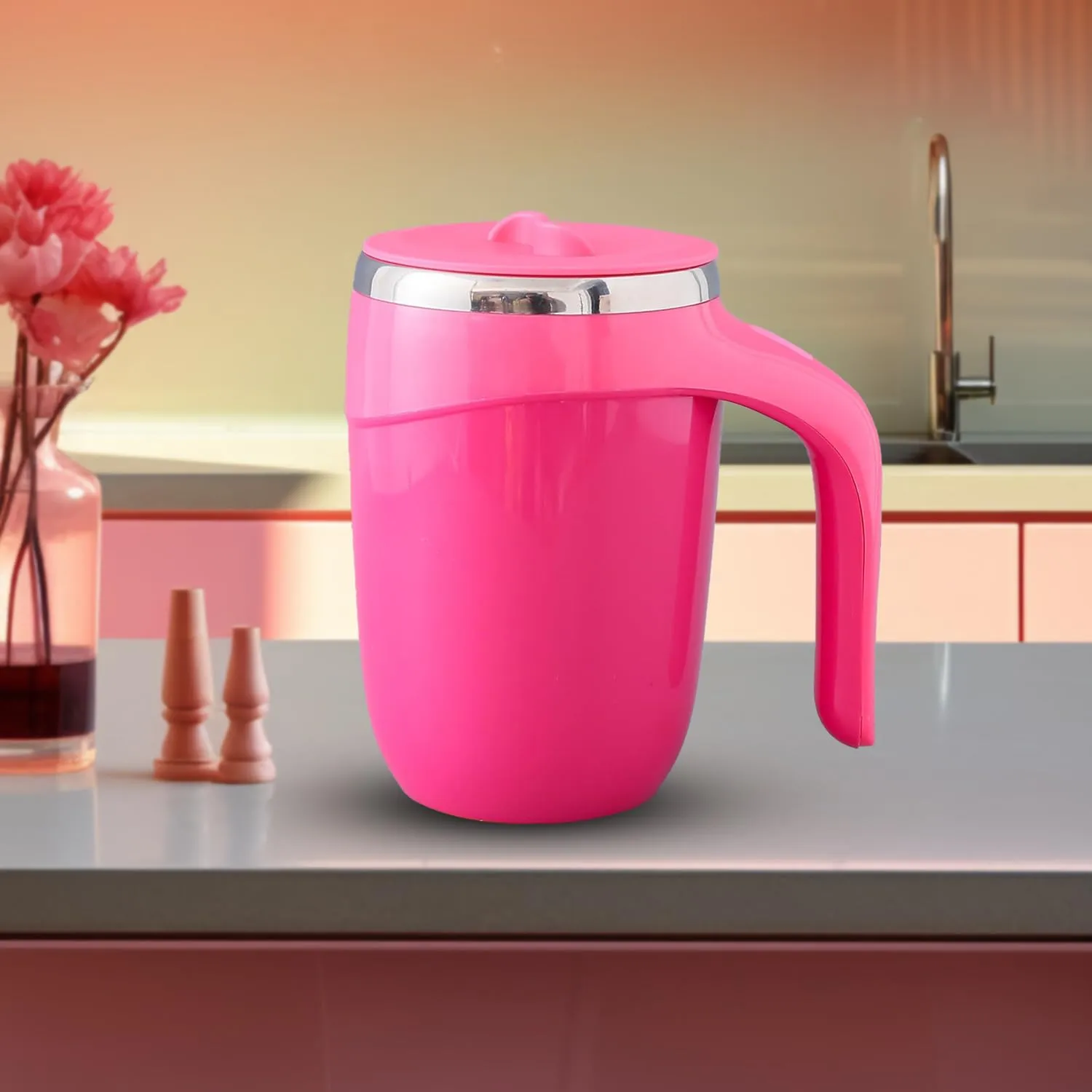 Kuber Industries Anti-Fall Insulated Coffee Tumbler |Suction Bottom | Leak-Proof Stainless Steel Mug|with Lid and Handle | 500 ML | Pink