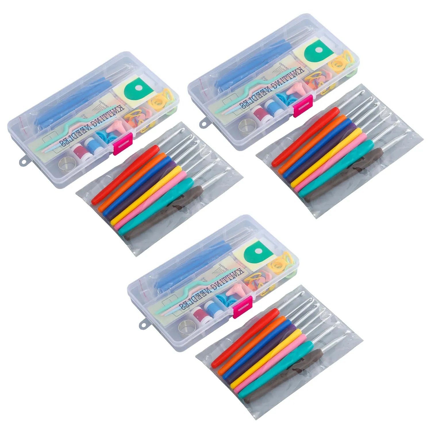 Kuber Industries Crochet Hook Needle Set of 53 With Case|Ergonomic Sewing Knitting Needle Kit-pack of 3 (Transparent)