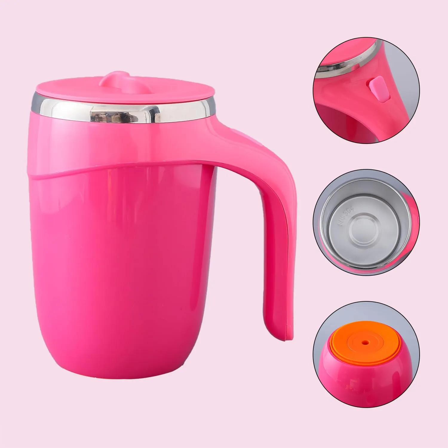 Kuber Industries Pack of 2 Anti-Fall Insulated Coffee Mug with Suction Bottom | Leak-Proof Stainless Steel Tumbler | Coffee Mug with Lid and Handle | 500 ML | Pink