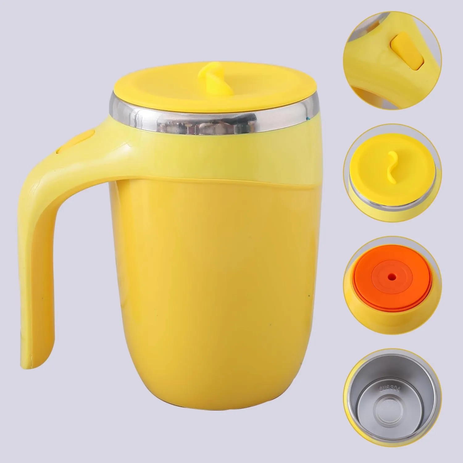 Kuber Industries Pack of 2 Anti-Fall Insulated Coffee Mug with Suction Bottom | Leak-Proof Stainless Steel Tumbler | Coffee Mug with Lid and Handle | 500 ML | Yellow