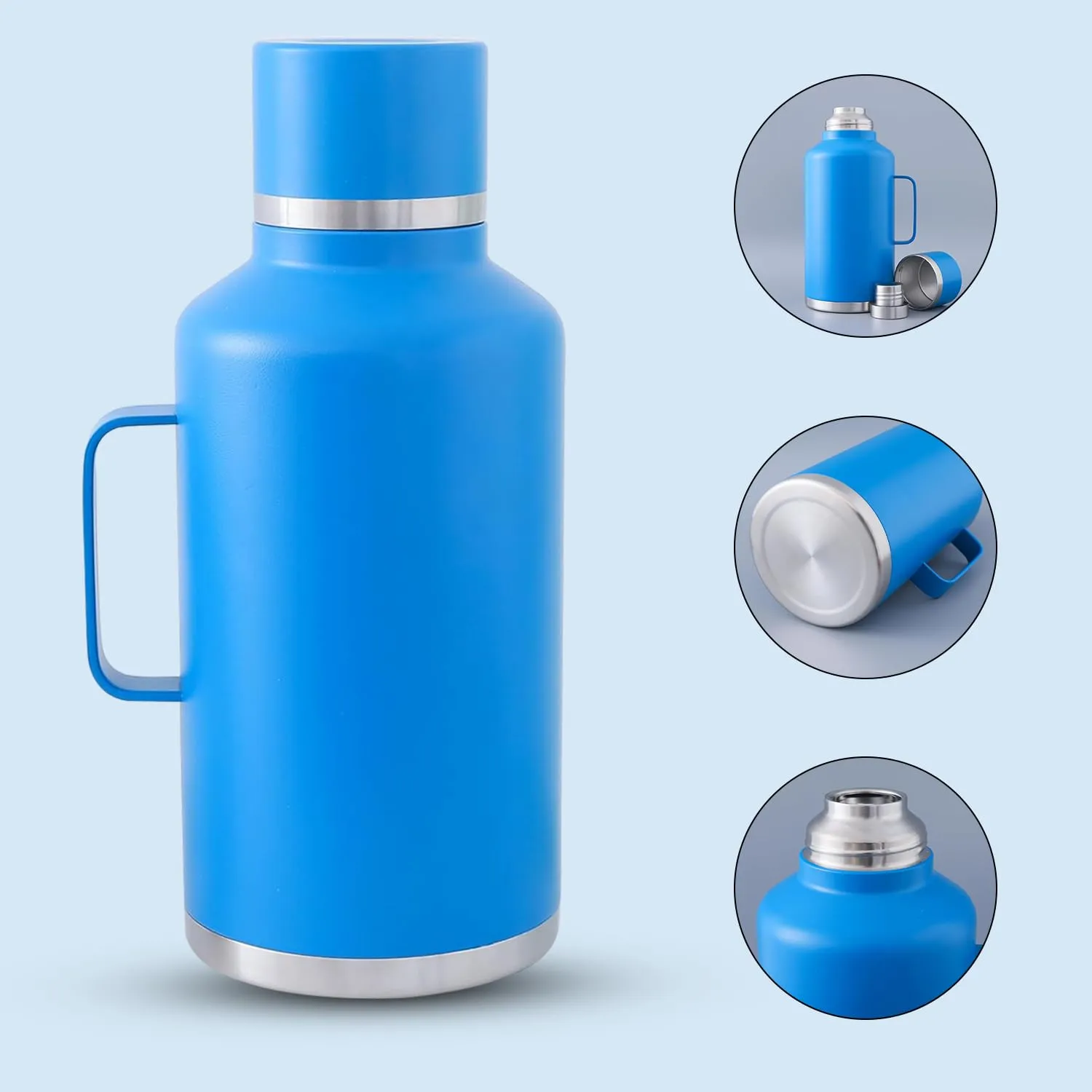 Kuber Industries Pack of 3 Vacuum Insulated Water Bottle | Stainless Steel Water Bottle with Handle | Hot & Cold Water Bottle | Leakproof, BPA Free, Rustproof | 2000 ML | Blue