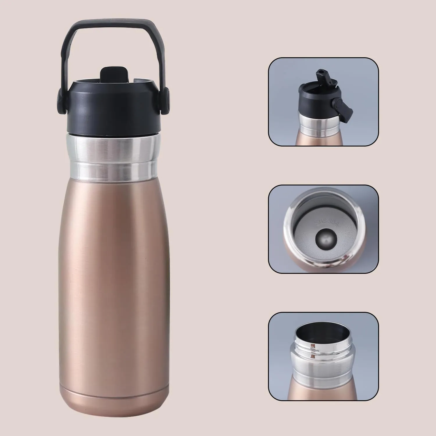 Kuber Industries Pack of 4 Vacuum Insulated Water Bottle | Stainless Steel Sipper Bottle with Handle | Hot & Cold Water Bottle | Leakproof, BPA Free, Rustproof | 780 ML | Gold