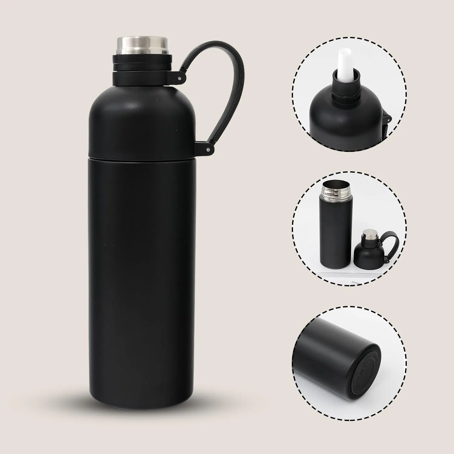 Kuber Industries Pack of 6 Vacuum Insulated Water Bottle | Stainless Steel Sipper Bottle with Handle | Hot & Cold Water Bottle | Leakproof, BPA Free, Rustproof | 500 ML | Black