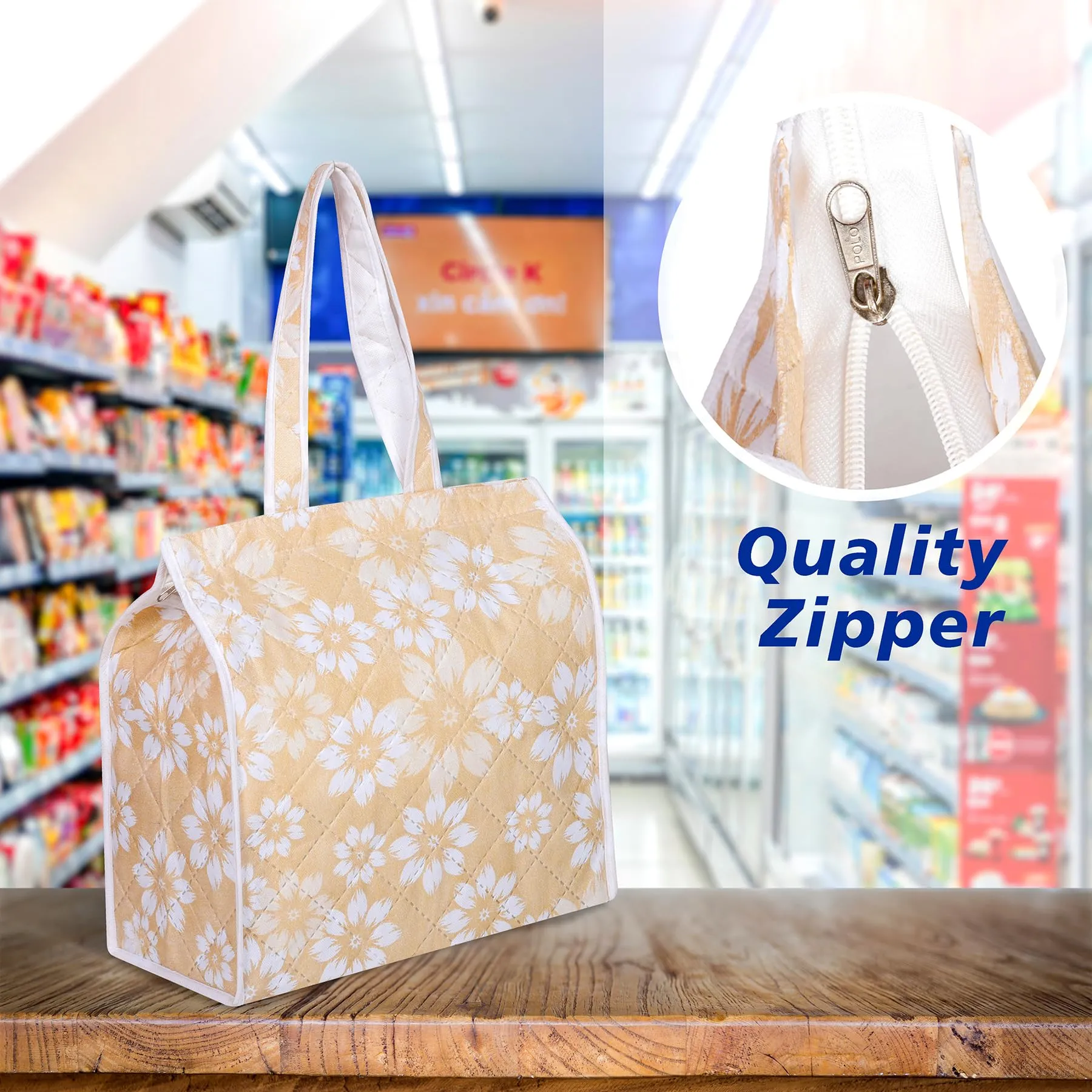 Kuber Industries Shopping Storage Bag | Waterproof Grocery Handbag | Grocery Shopping Bag | Vegetable Handle Bag | Reusable Vegetable Bag | Chain Tote Bags | Flower Quilted | Golden