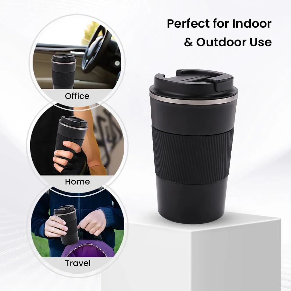 Kuber Industries Stainless Steel Insulated Coffee Cup with Sipper Mouth|Travel Coffee Mug 380 ML-Pack of 2|Black|