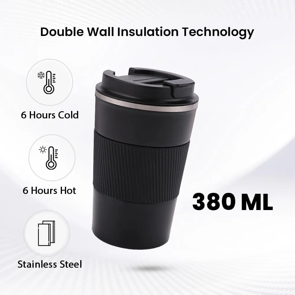 Kuber Industries Stainless Steel Insulated Coffee Cup with Sipper Mouth|Travel Coffee Mug 380 ML-Pack of 2|Black|