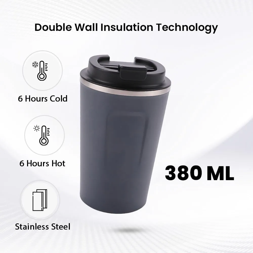 Kuber Industries Stainless Steel Insulated Coffee Cup with Sipper Mouth|Travel Coffee Mug 380 ML-Pack of 2|Blue|