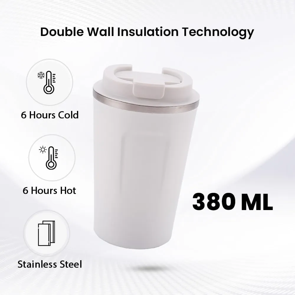 Kuber Industries Stainless Steel Insulated Coffee Cup with Sipper Mouth|Travel Coffee Mug 380 ML-Pack of 2|White|