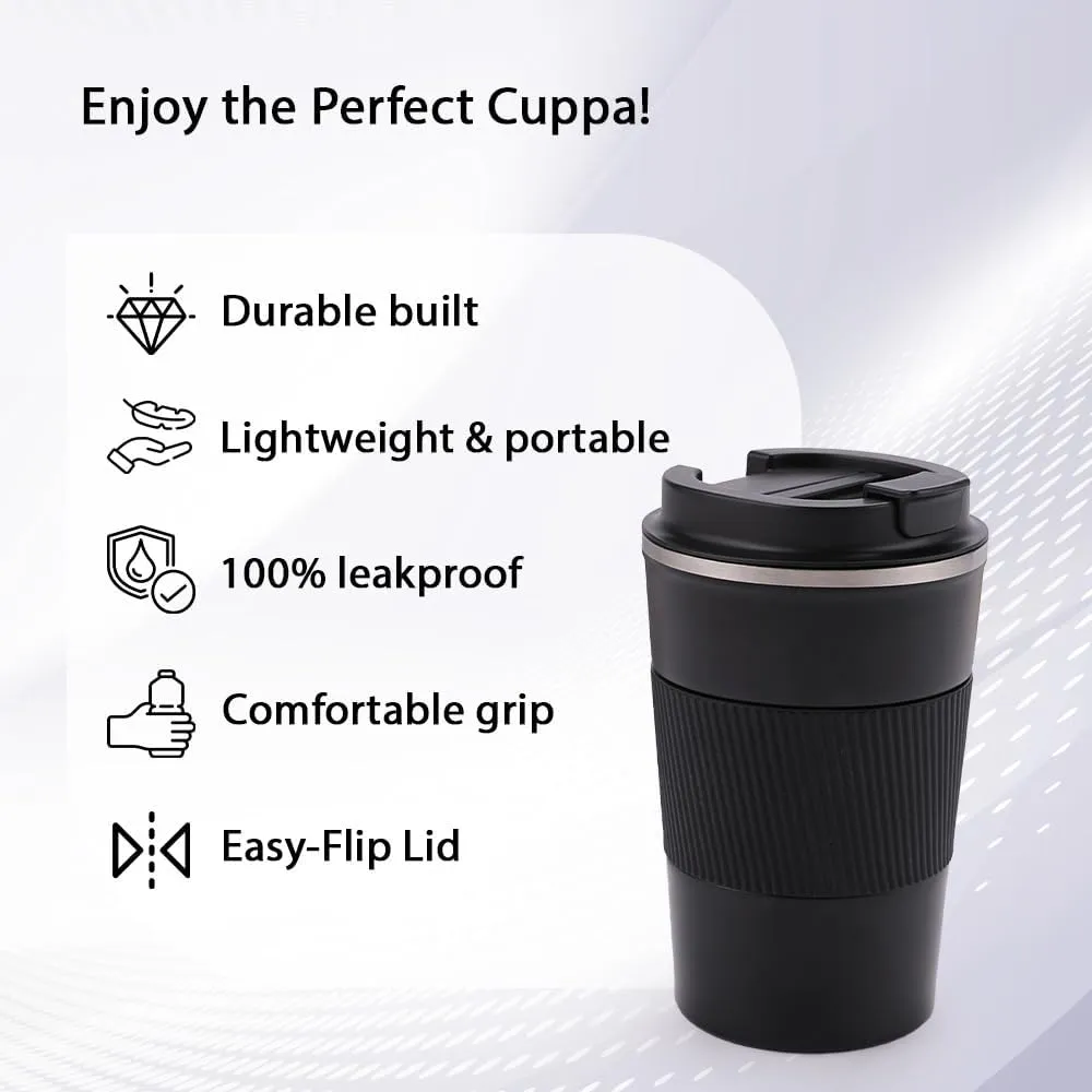 Kuber Industries Stainless Steel Insulated Coffee Cup with Sipper Mouth|Travel Coffee Mug 380 ML-Pack of 3|Black|