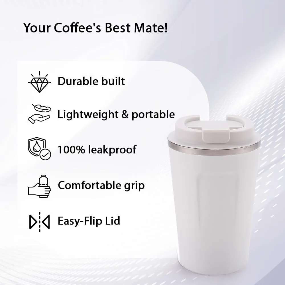 Kuber Industries Stainless Steel Insulated Coffee Cup with Sipper Mouth|Travel Coffee Mug 380 ML-Pack of 4|White|