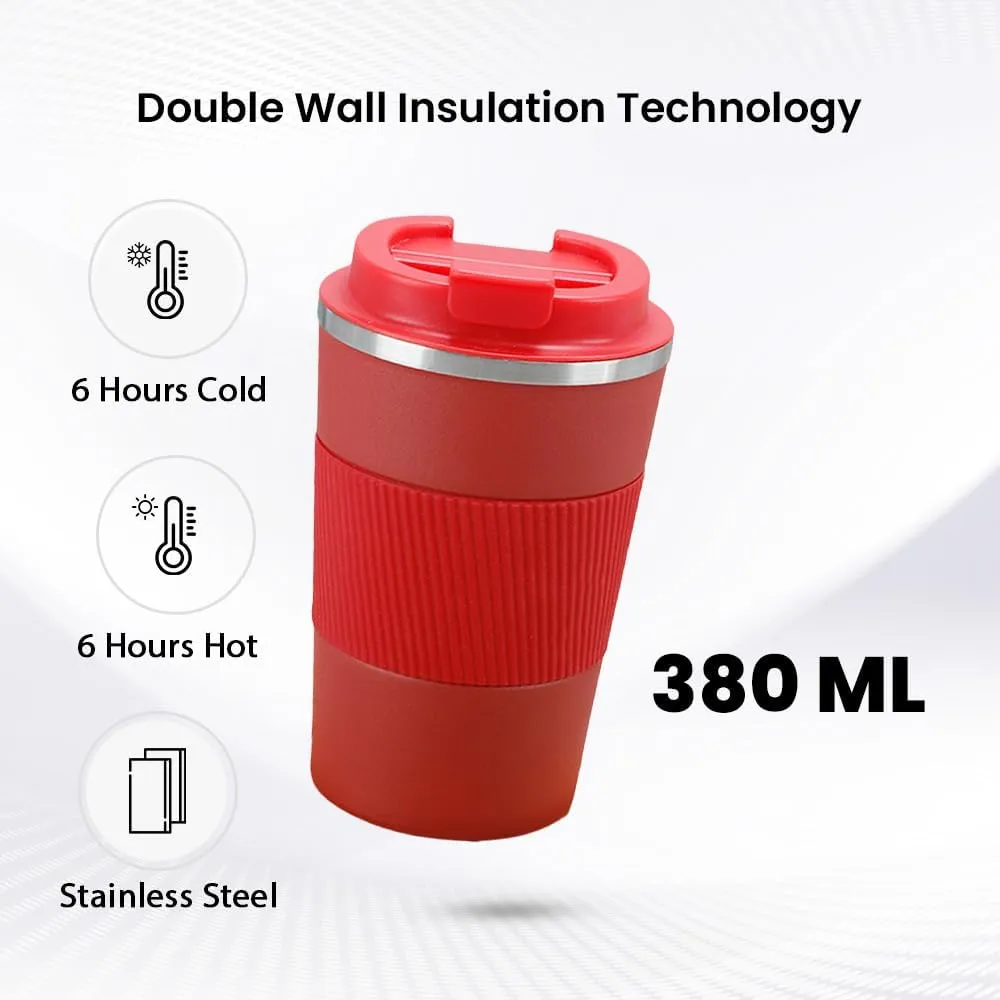 Kuber Industries Stainless Steel Insulated Coffee Mug with Sleeve|Travel Coffee Mug 380 ML-Pack of 2|Red|