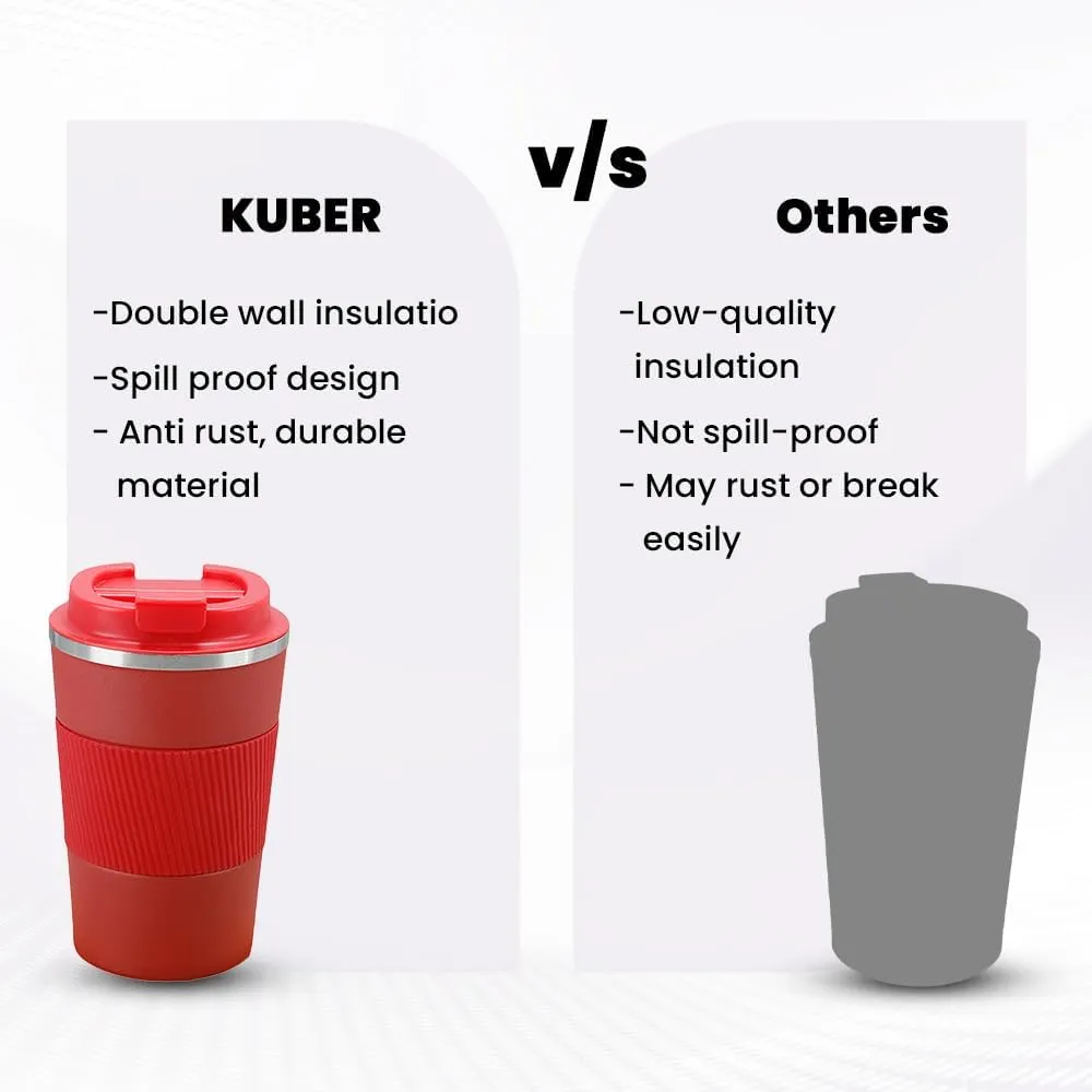 Kuber Industries Stainless Steel Insulated Coffee Mug with Sleeve|Travel Coffee Mug 380 ML-Pack of 2|Red|