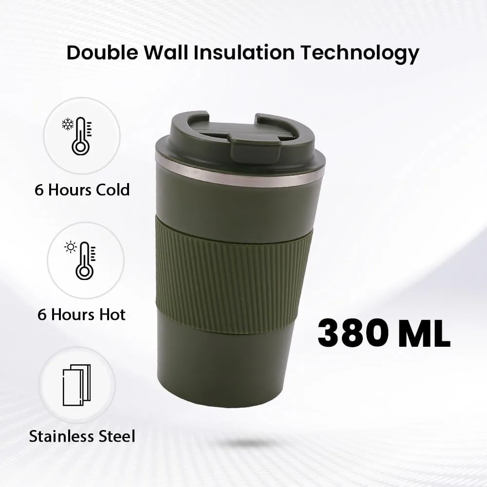 Kuber Industries Stainless Steel Insulated Coffee Mug with Sleeve|Travel Coffee Mug 380 ML-Pack of 3|Green|