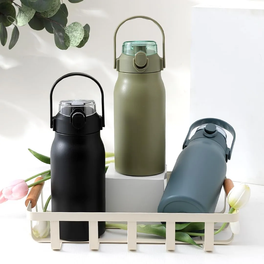 Kuber Industries Water Bottle | Vacuum Insulated Travel Bottle | Hot & Cold Water Bottle | Sipper Lid & Handle Water Bottle | 1000 ML | Pack of 2 | HH-22111D | Green