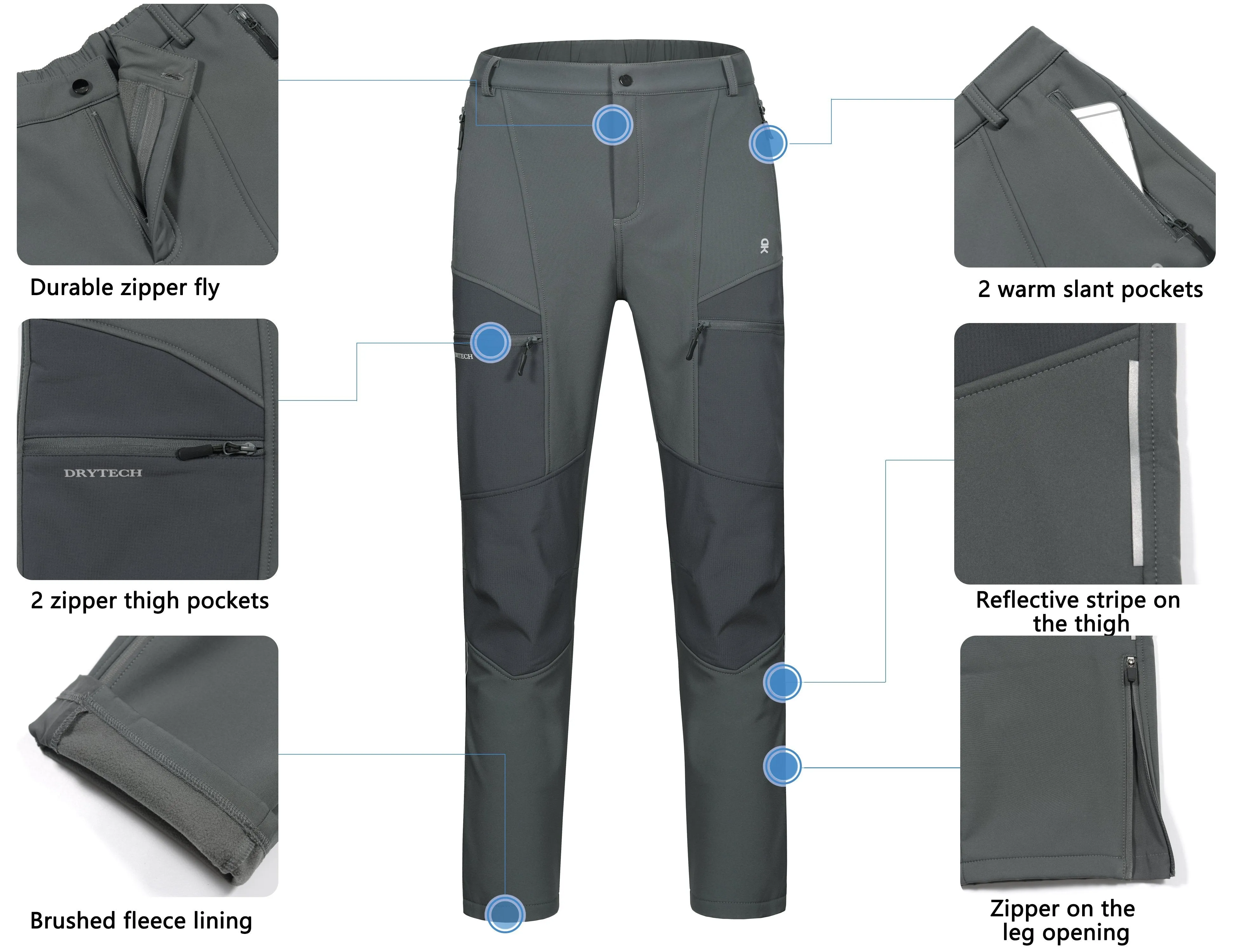 Men's Fleece Lined Ski Softshell Insulated Pants