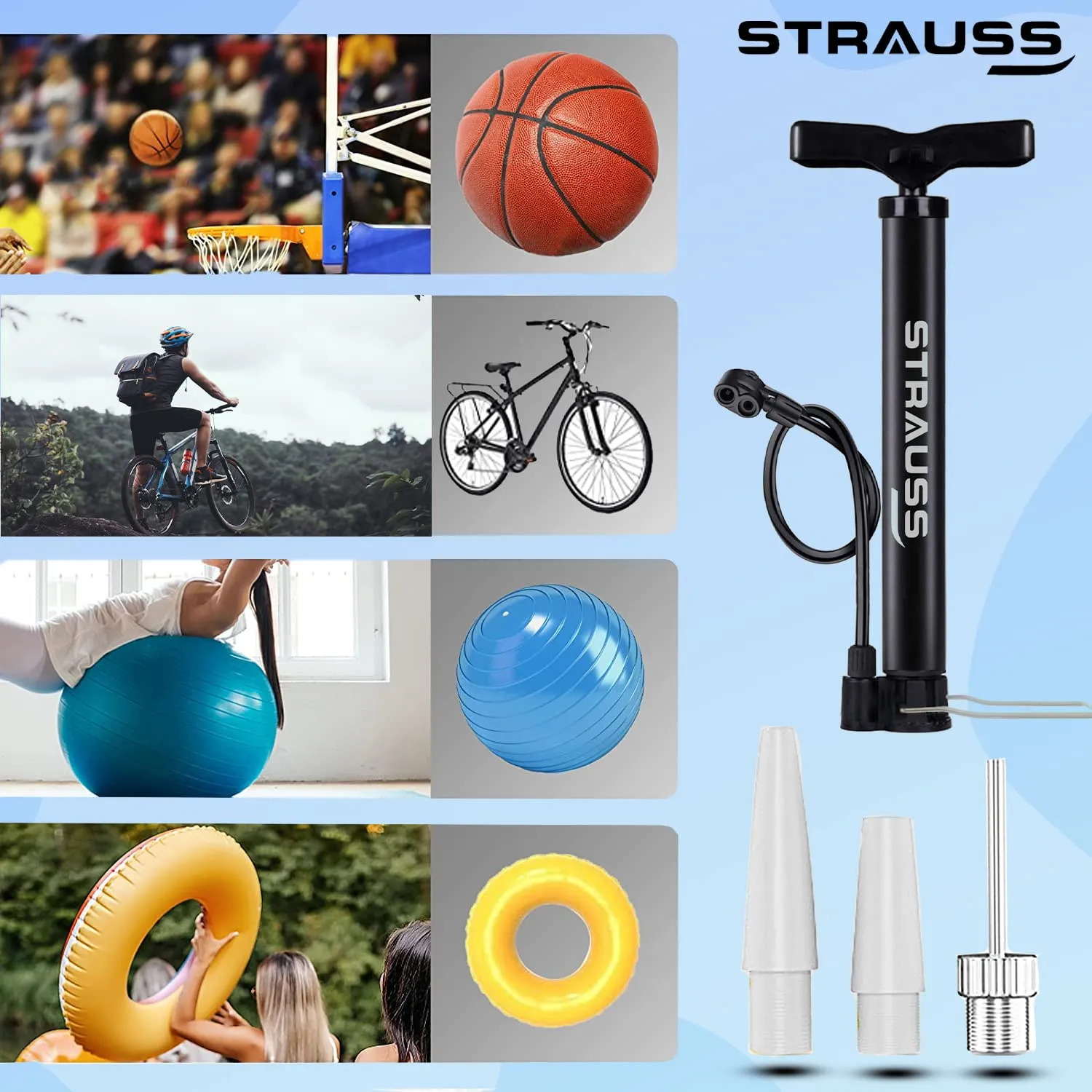 Strauss Bicycle Air Pump with Needle & Dual Valve | 30 CM Long | Portable Pump with 2 Modes, Ideal for Inflating Bicycle, Swimming Rings | Sturdy Base & Ergonomic Handle, (Black)