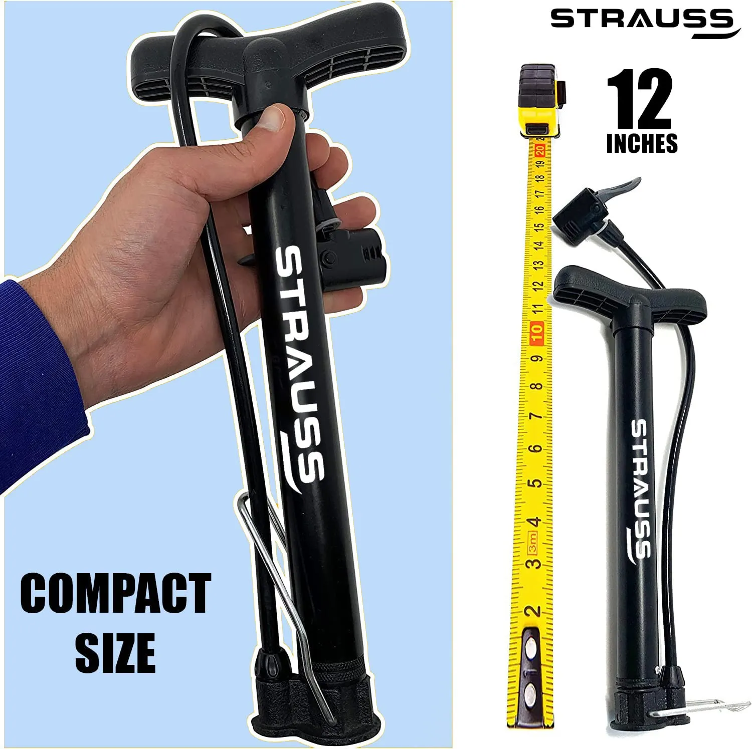 Strauss Bicycle Air Pump with Needle & Dual Valve | 30 CM Long | Portable Pump with 2 Modes, Ideal for Inflating Bicycle, Swimming Rings | Sturdy Base & Ergonomic Handle, (Black)