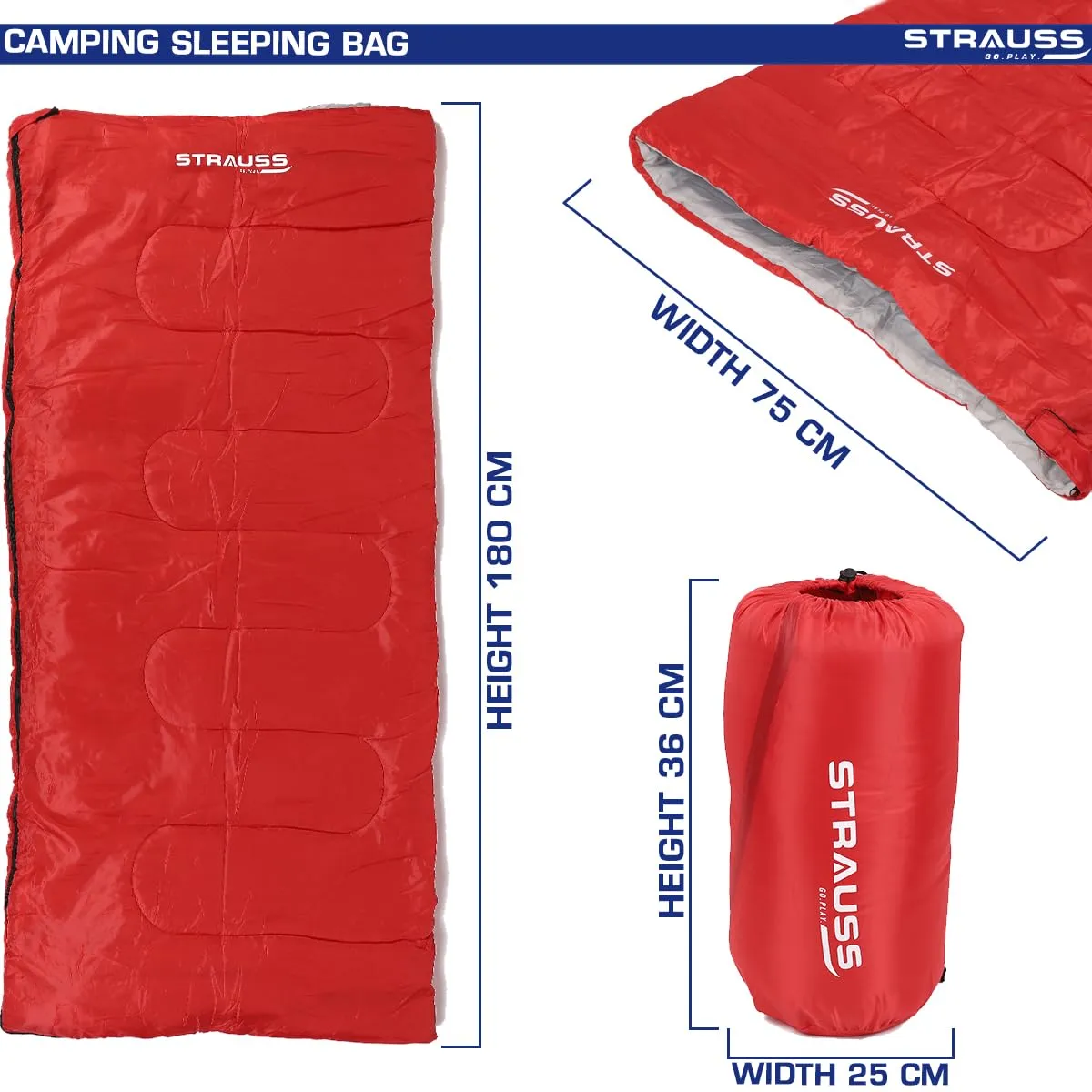 STRAUSS Camping Sleeping Bag 8°C to -20°C | Can Be Used in Summer, Spring and Winter | Lightweight and Portable | Ideal for Travel Camping Hiking and Trekking | for Adults & Kids,(Red)