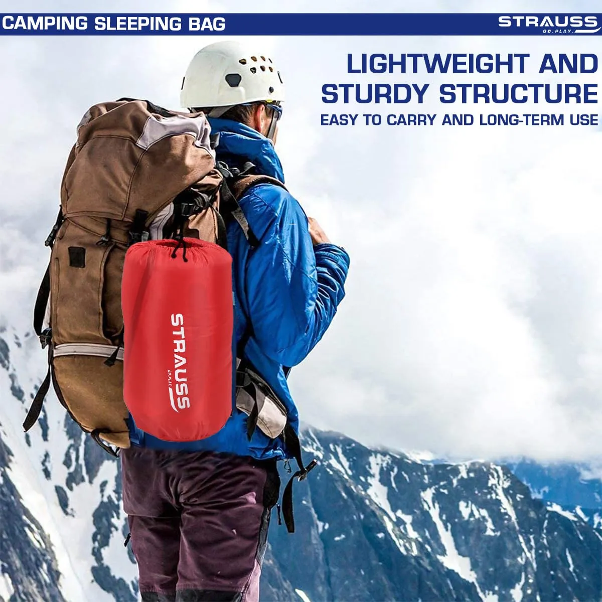 STRAUSS Camping Sleeping Bag 8°C to -20°C | Can Be Used in Summer, Spring and Winter | Lightweight and Portable | Ideal for Travel Camping Hiking and Trekking | for Adults & Kids,(Red)