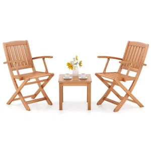 Tangkula 3 PCS Eucalyptus Wood Patio Bistro Set, Wooden Adirondack Side Table with 2 Folding Arm Chairs