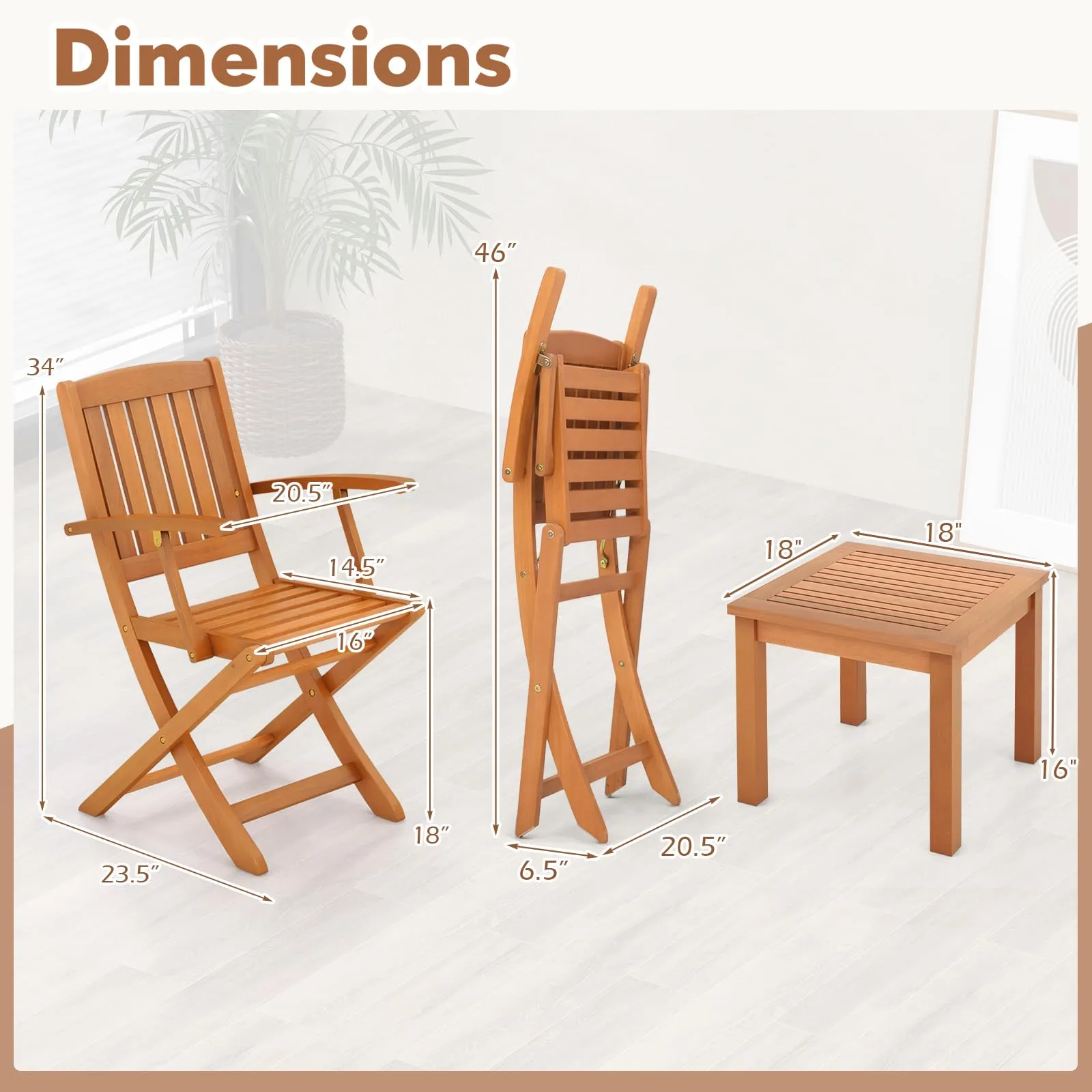 Tangkula 3 PCS Eucalyptus Wood Patio Bistro Set, Wooden Adirondack Side Table with 2 Folding Arm Chairs