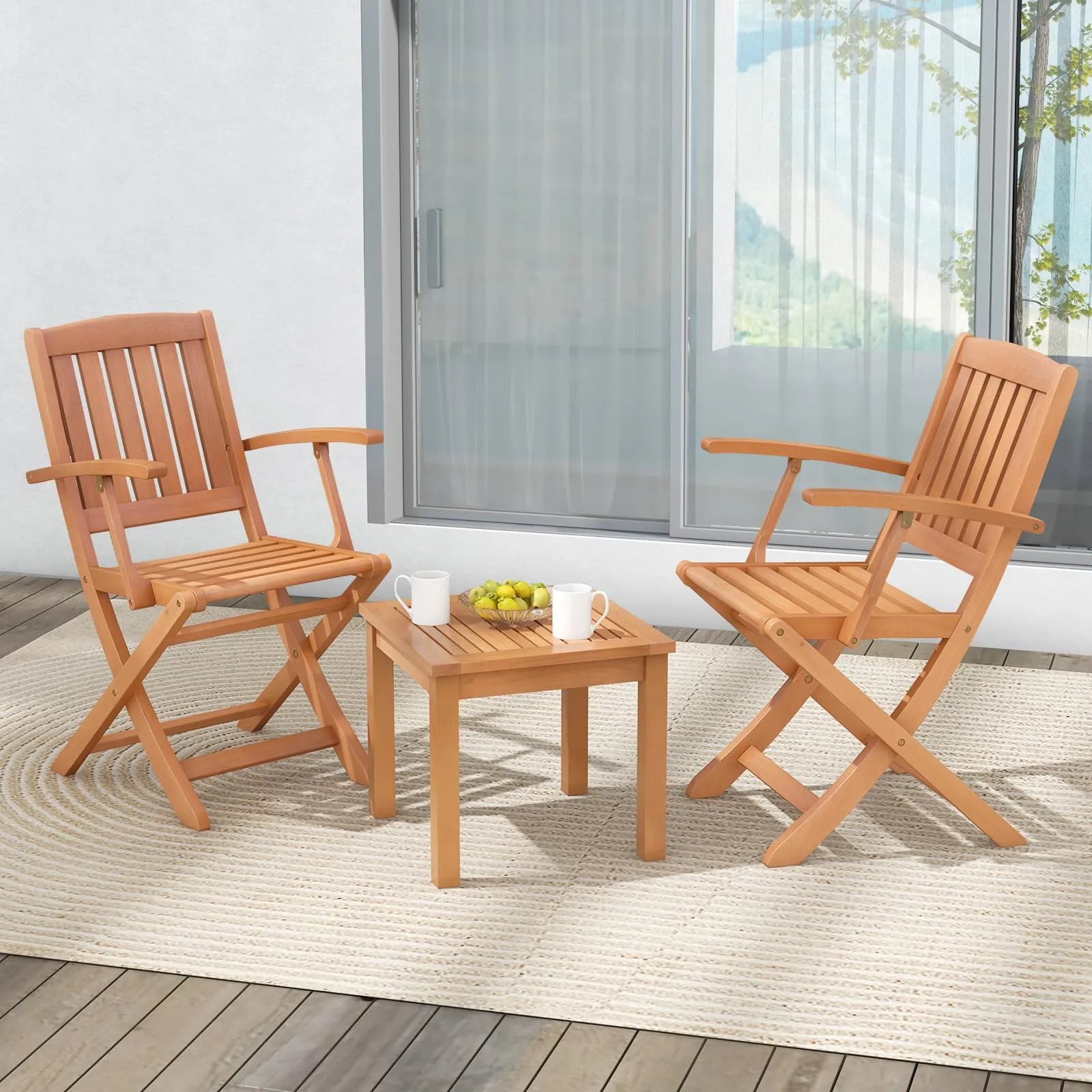 Tangkula 3 PCS Eucalyptus Wood Patio Bistro Set, Wooden Adirondack Side Table with 2 Folding Arm Chairs