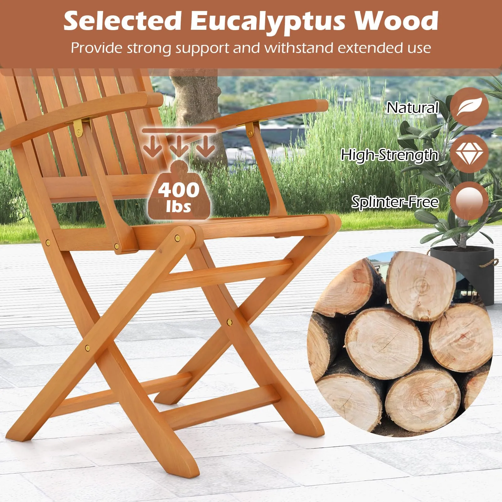 Tangkula 3 PCS Eucalyptus Wood Patio Bistro Set, Wooden Adirondack Side Table with 2 Folding Arm Chairs