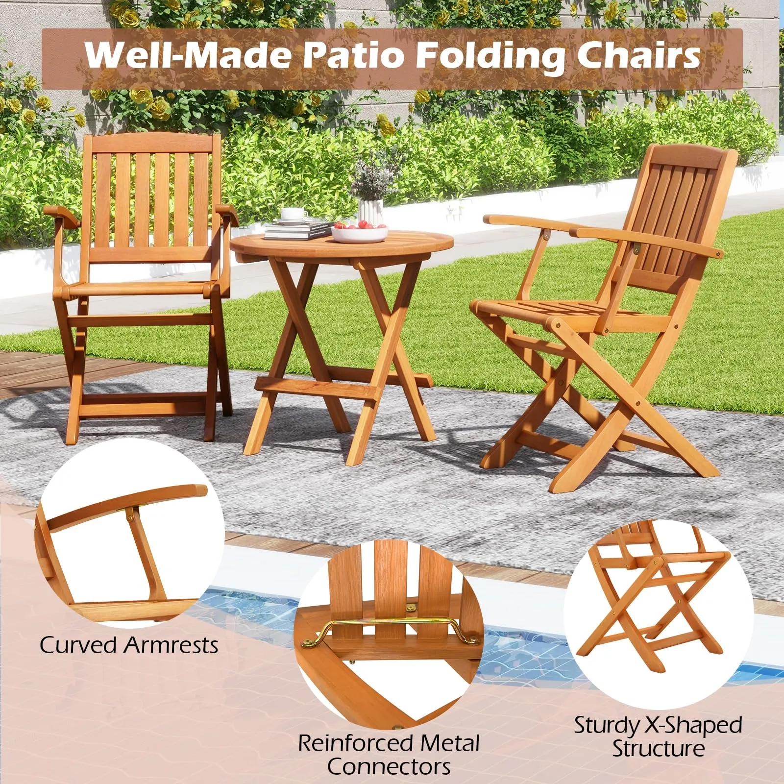 Tangkula 3 PCS Eucalyptus Wood Patio Bistro Set, Wooden Adirondack Side Table with 2 Folding Arm Chairs