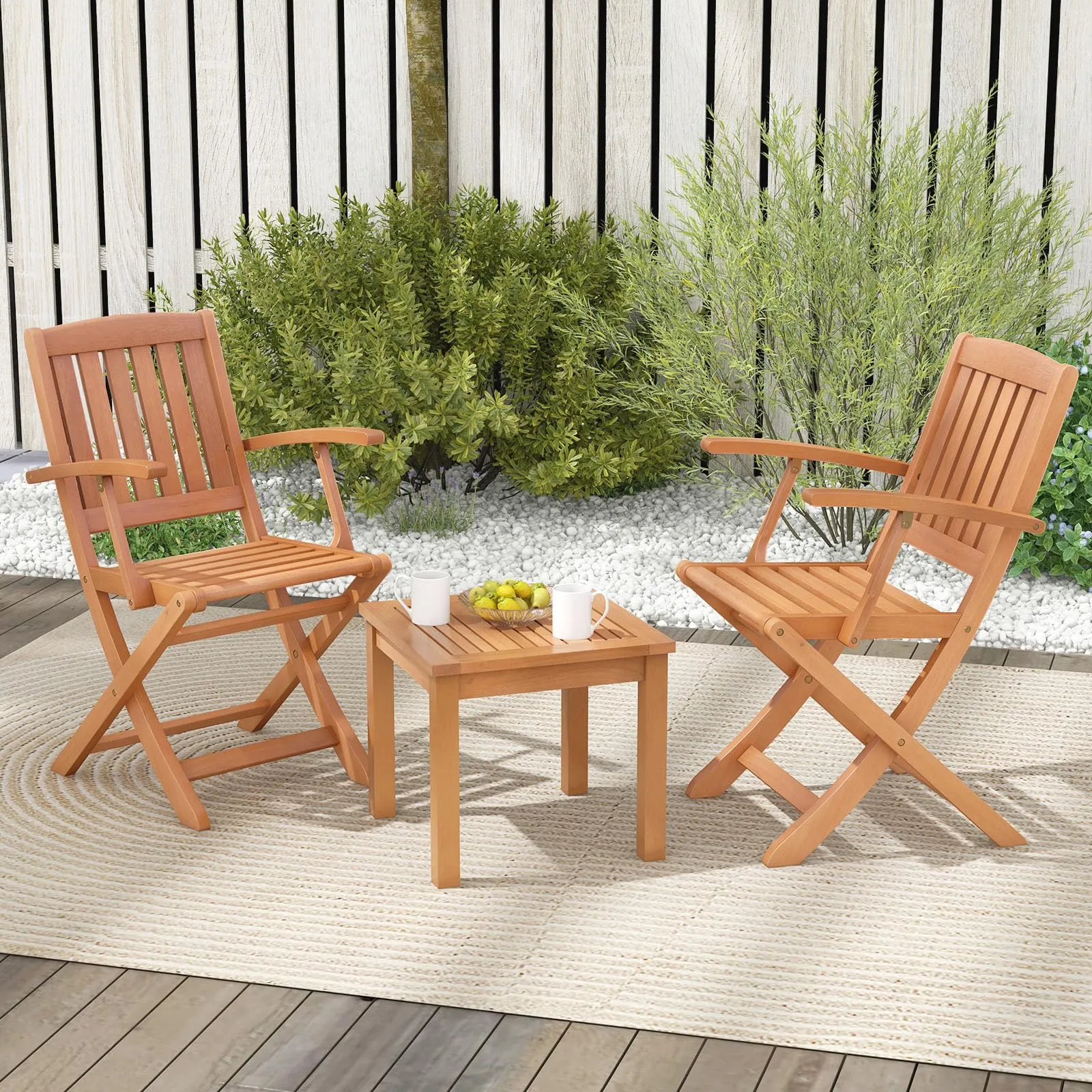 Tangkula 3 PCS Eucalyptus Wood Patio Bistro Set, Wooden Adirondack Side Table with 2 Folding Arm Chairs