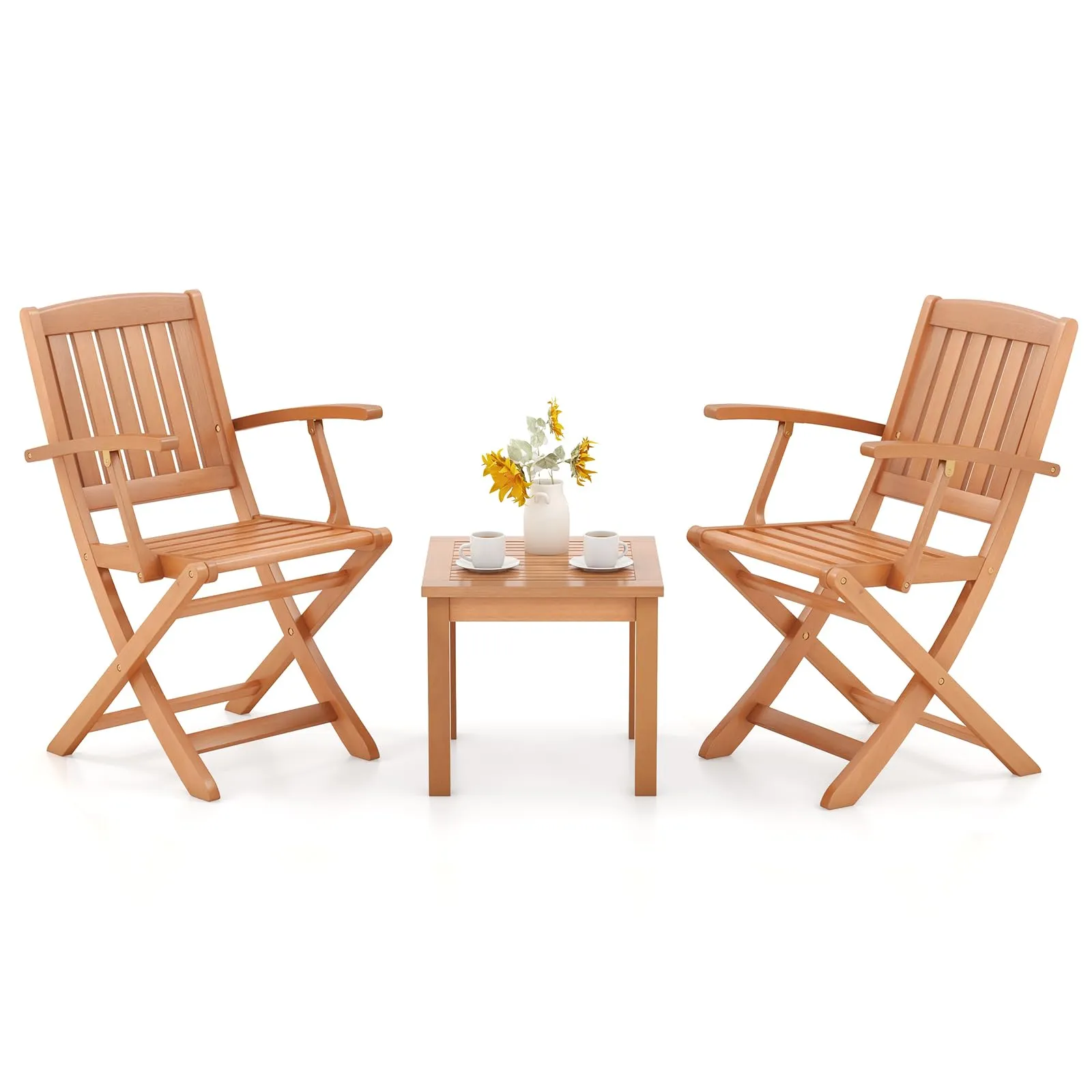 Tangkula 3 PCS Eucalyptus Wood Patio Bistro Set, Wooden Adirondack Side Table with 2 Folding Arm Chairs