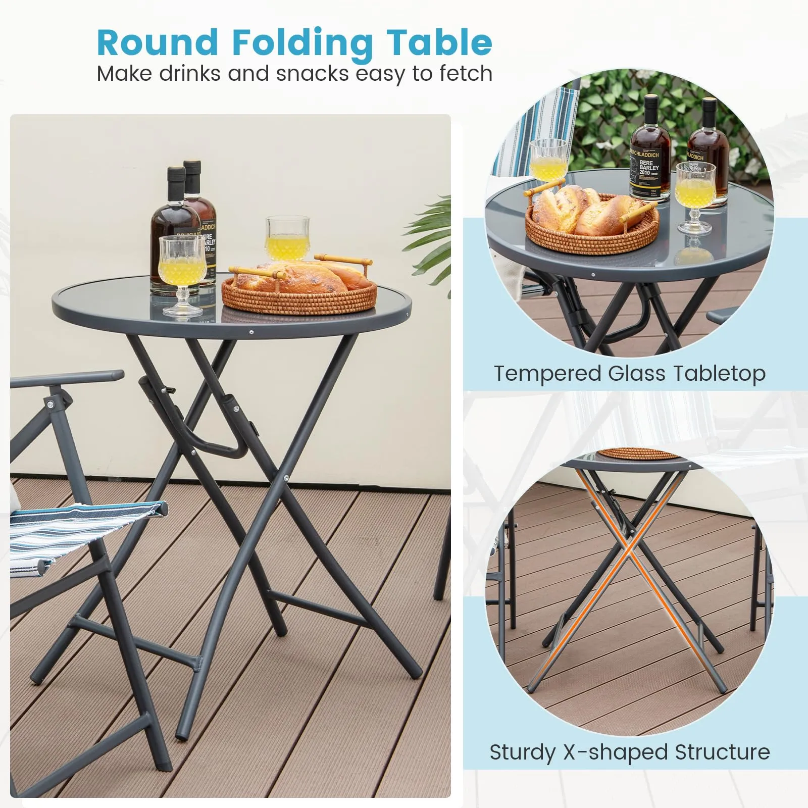 Tangkula 3 Piece Outdoor Folding Chair Set, 2 Folding Chairs with Folding Table