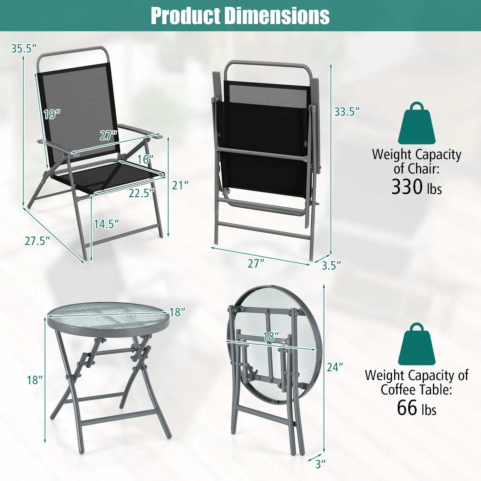 Tangkula 3 Piece Patio Folding Chair Set, Outdoor Metal Conversation Set