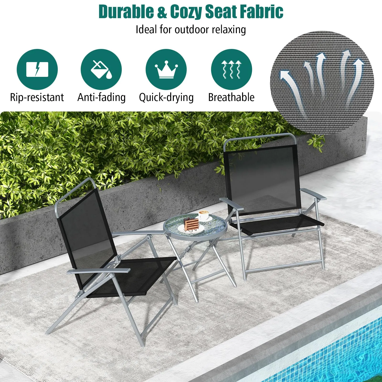 Tangkula 3 Piece Patio Folding Chair Set, Outdoor Metal Conversation Set