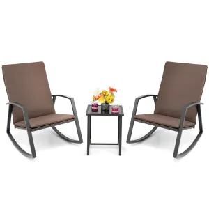 Tangkula 3 Pieces Patio Rocking Bistro Set, PE Rattan Rocking Chairs with Tempered Glass Side Table