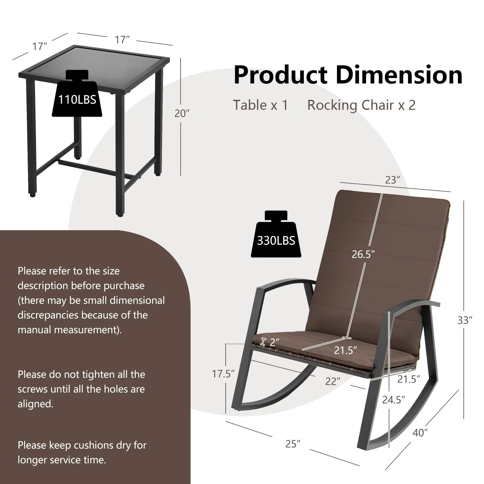 Tangkula 3 Pieces Patio Rocking Bistro Set, PE Rattan Rocking Chairs with Tempered Glass Side Table