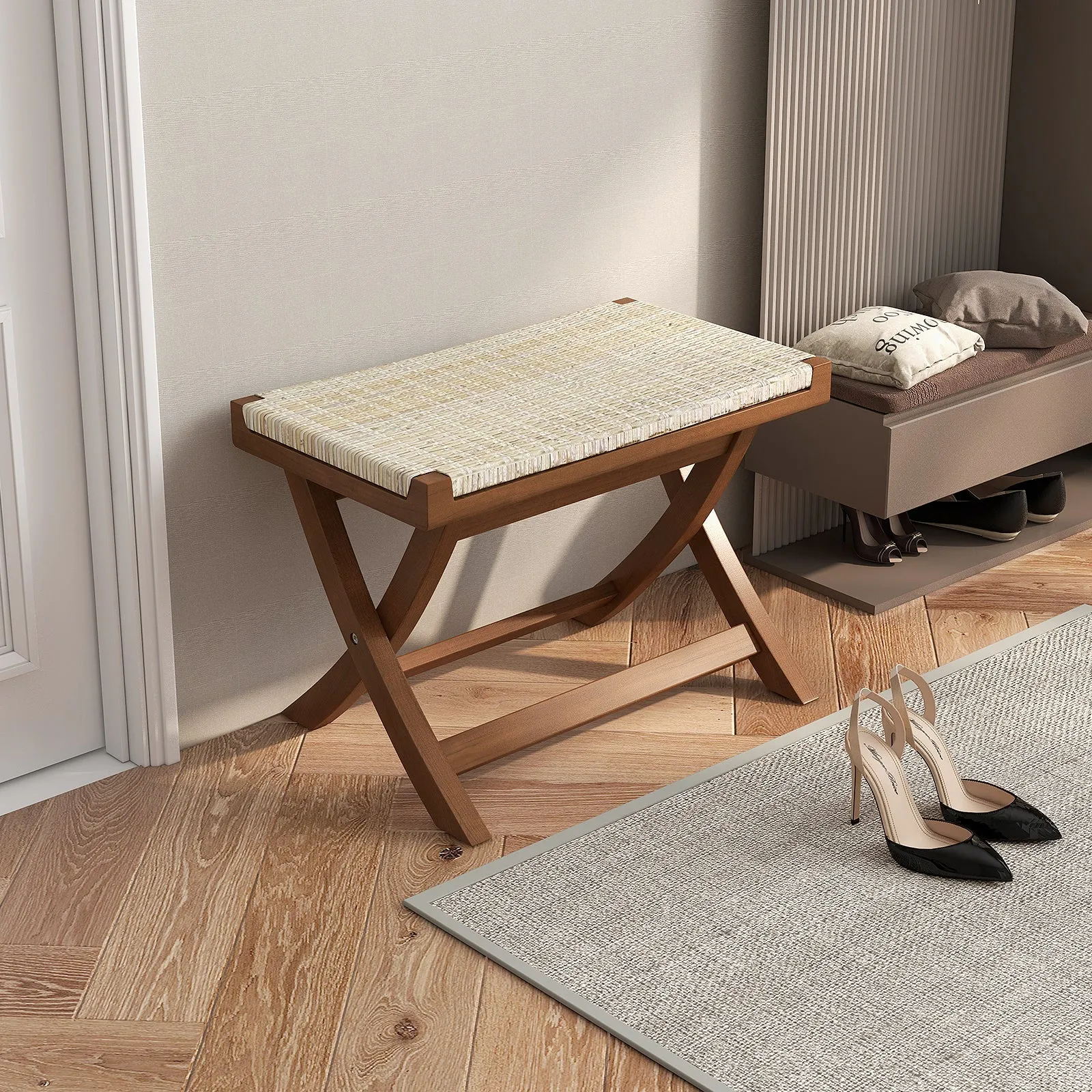 Tangkula Folding Natural Rattan Ottoman, Saddle Footrest Stool with Hand-Woven Seat & X-Shaped Teak Wood Frame