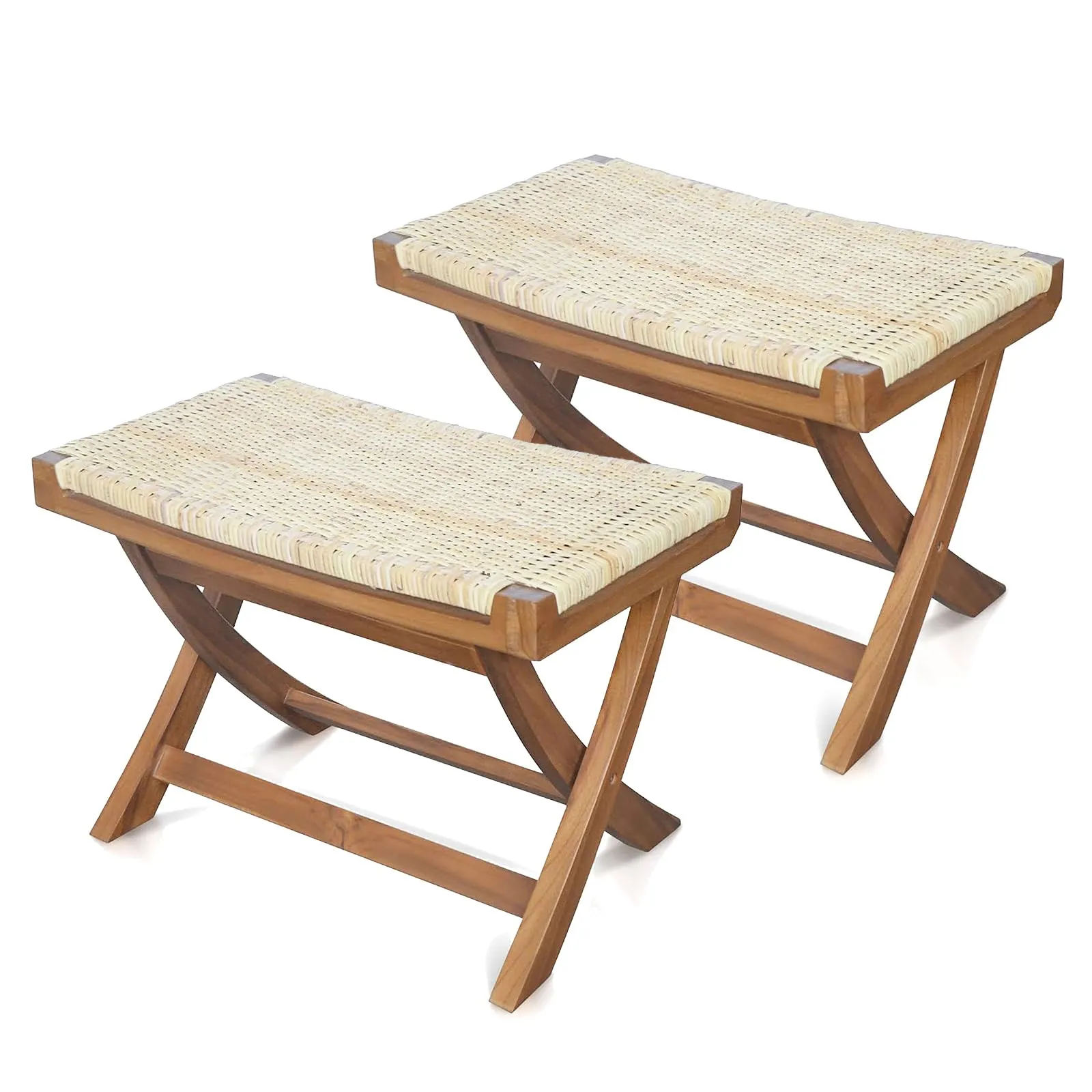 Tangkula Folding Natural Rattan Ottoman, Saddle Footrest Stool with Hand-Woven Seat & X-Shaped Teak Wood Frame