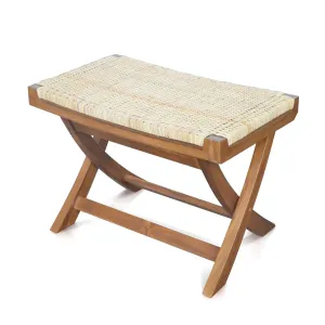 Tangkula Folding Natural Rattan Ottoman, Saddle Footrest Stool with Hand-Woven Seat & X-Shaped Teak Wood Frame