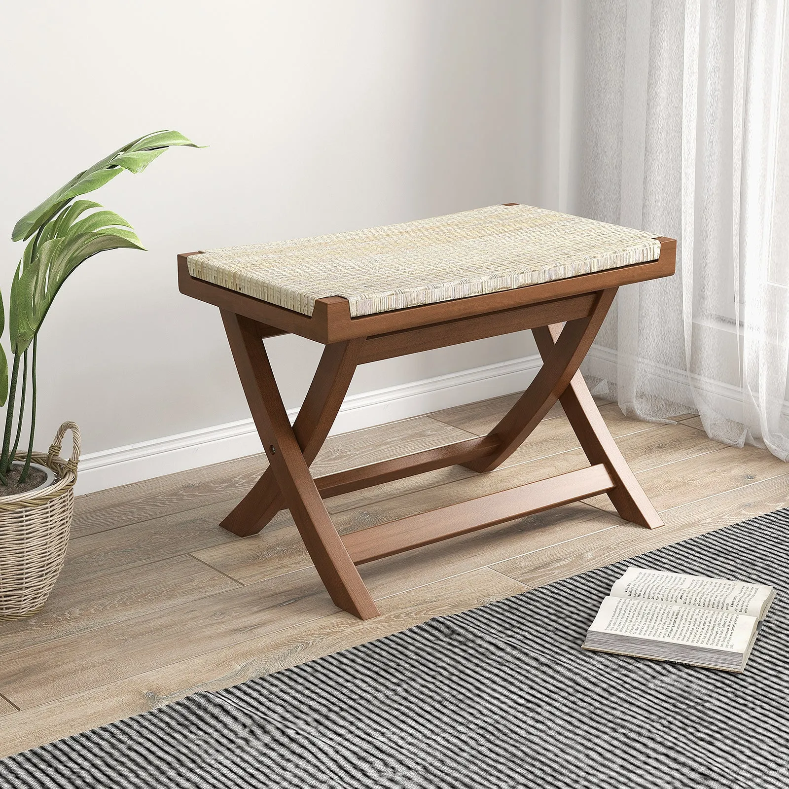 Tangkula Folding Natural Rattan Ottoman, Saddle Footrest Stool with Hand-Woven Seat & X-Shaped Teak Wood Frame